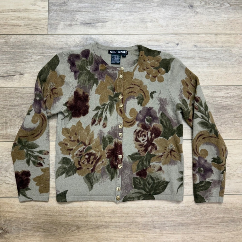 Nina Leonard Lambswool Angora Floral Earth Cardigan‎ Sweater Cottagecore Large